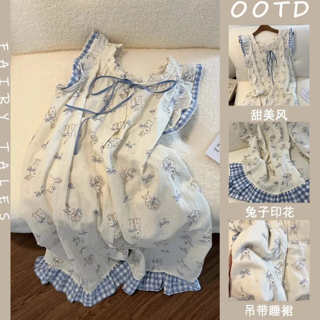 夏季带胸垫甜美兔子短袖睡裙女亲肤舒适温柔公主风可爱家居服