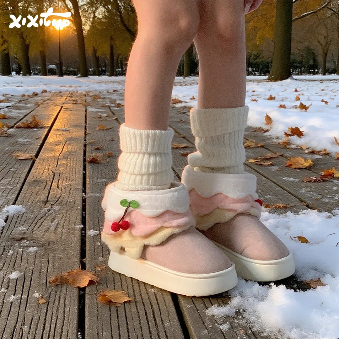 细细条 厚底加绒东北棉靴甜美樱桃学生户外网红女冬季短筒雪地靴