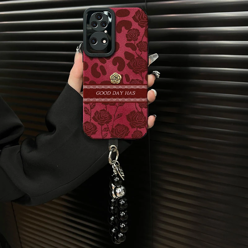 适用于【华为p50】豹纹玫瑰ins风秋冬酒红翻毛皮网红创意手机壳女款