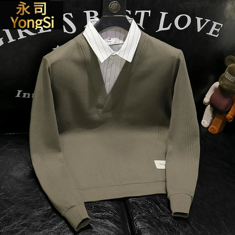 高端男士衬衫领卫衣2025春秋新款潮牌设计假两件V领上衣休闲外套