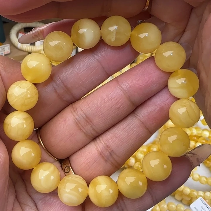 蜜蜡未镶嵌手串黄白花圆珠手串