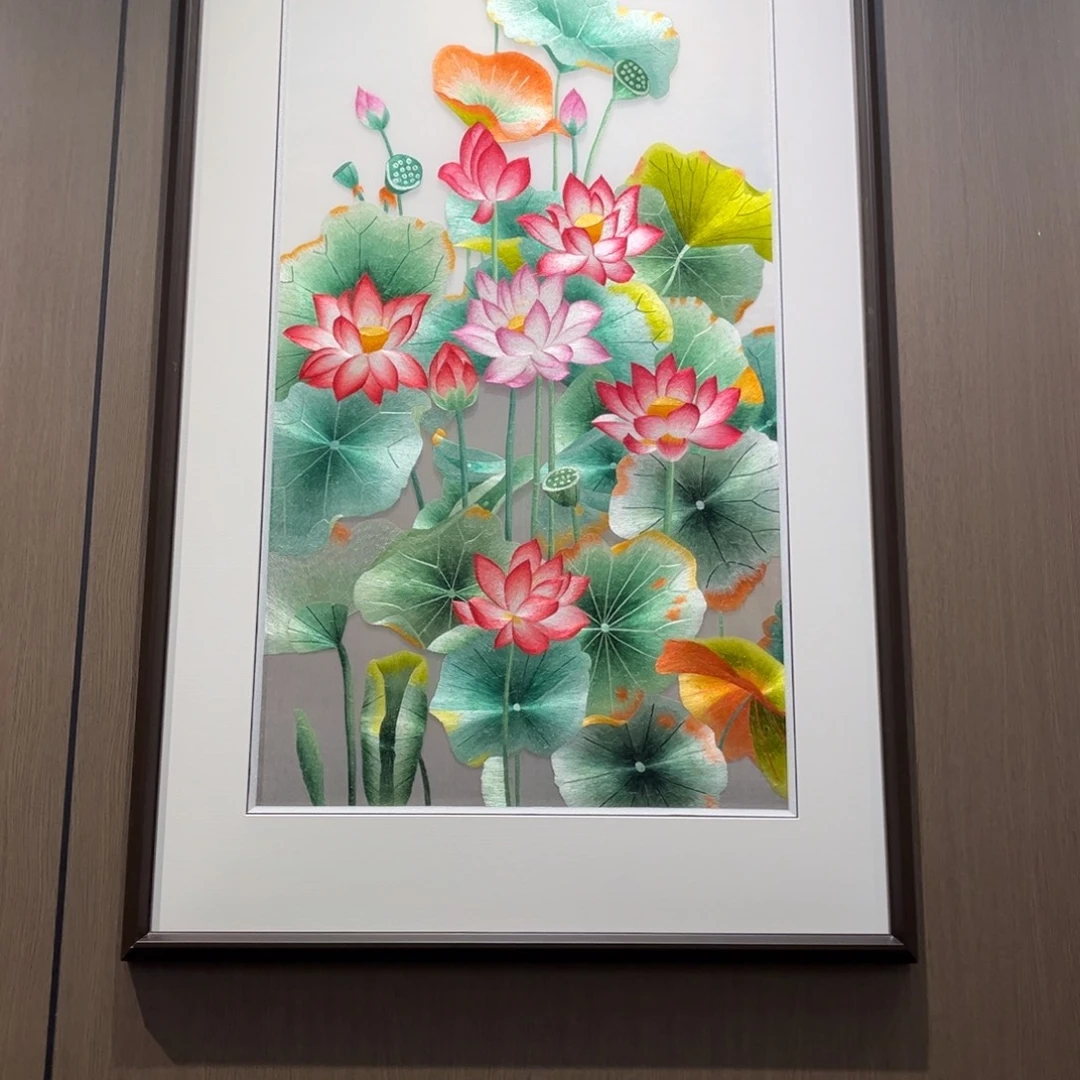 刺绣荷花画心50*100成品