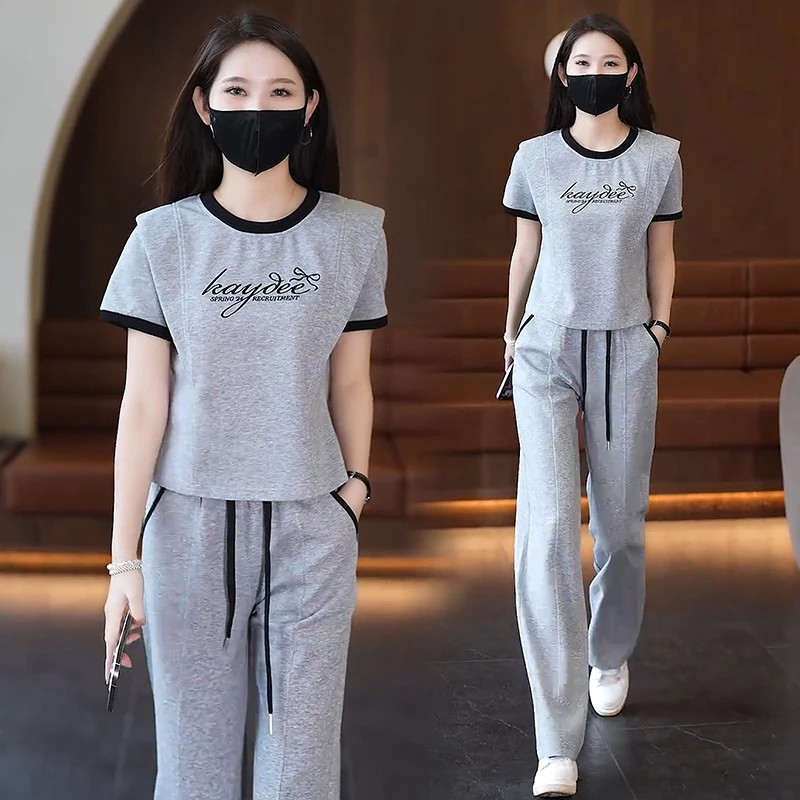 时尚休闲运动服套装女2025夏季新款洋气拼接短袖上衣阔腿裤两件套