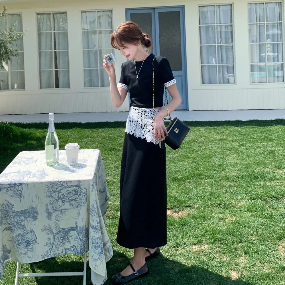 黑色高端精致套装裙女夏季2025新款高腰T恤蕾丝拼接半身裙两件套