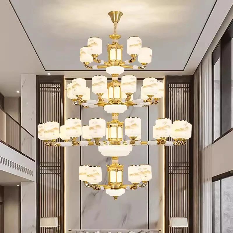 新中式全铜复式楼大吊灯别墅客厅玉石吊灯中空楼中楼酒店大厅灯具