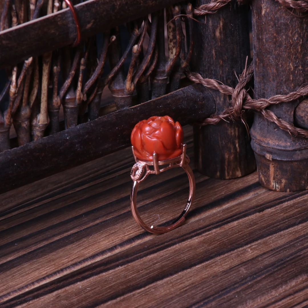 【石语珠宝】保山南红玛瑙牡丹花S925银镶嵌戒指v517（可调节）