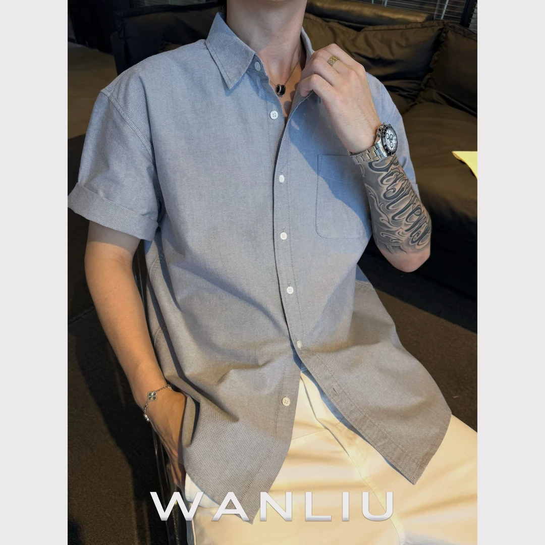 【牛津纺】纯棉水洗牛津纺短袖衬衫2025新款休闲慵懒风高级感衬衣男