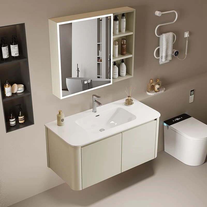 奶油风蜂窝铝整板圆弧浴室柜智能镜组合卫生间洗漱洗手陶瓷一体盆