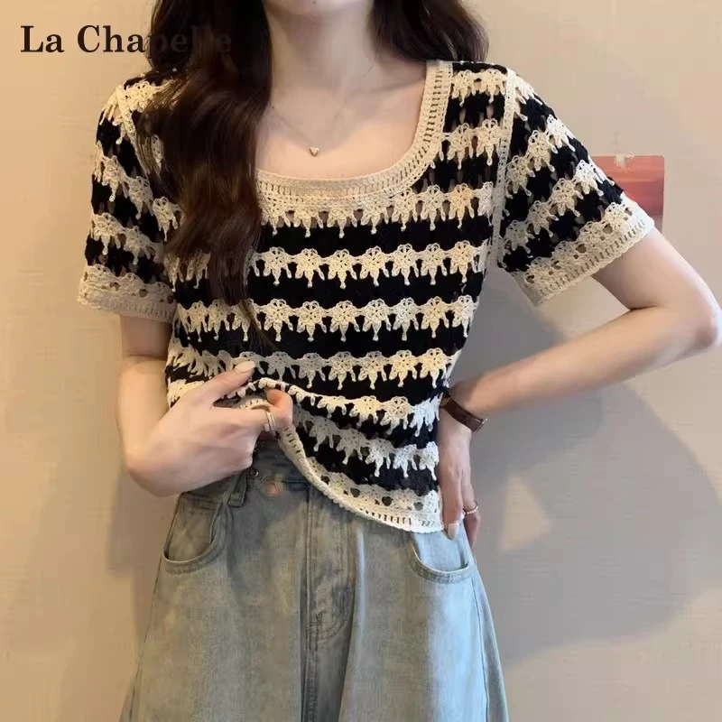 拉夏贝尔复古条纹U领短袖女夏2025新款泫雅风镂空短款针织衫上衣