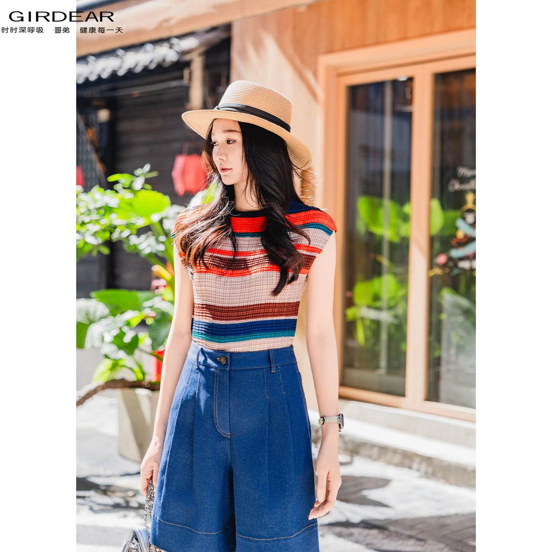 GIRDEAR/哥弟时尚赫本风条纹修身圆领通勤无袖背心T恤1300305