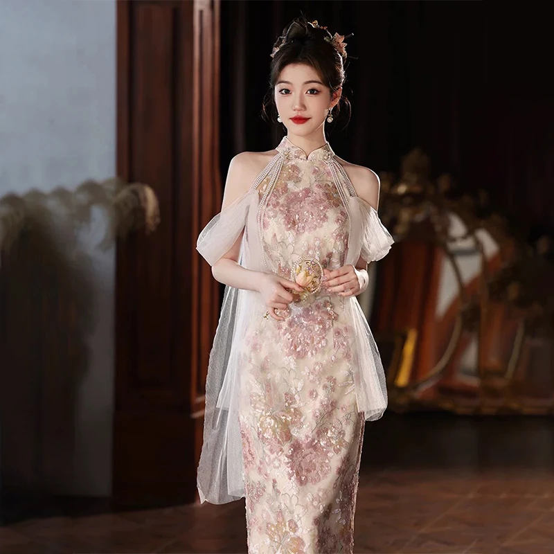 新中式晨袍女新娘敬酒服高级感高端轻奢亮片订婚礼服裙连衣裙旗袍