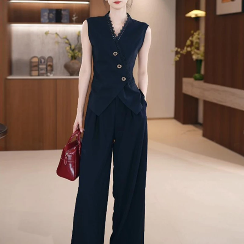 时尚轻奢套装女2025夏季新款显瘦百搭减龄蕾丝拼接马甲阔腿裤套装