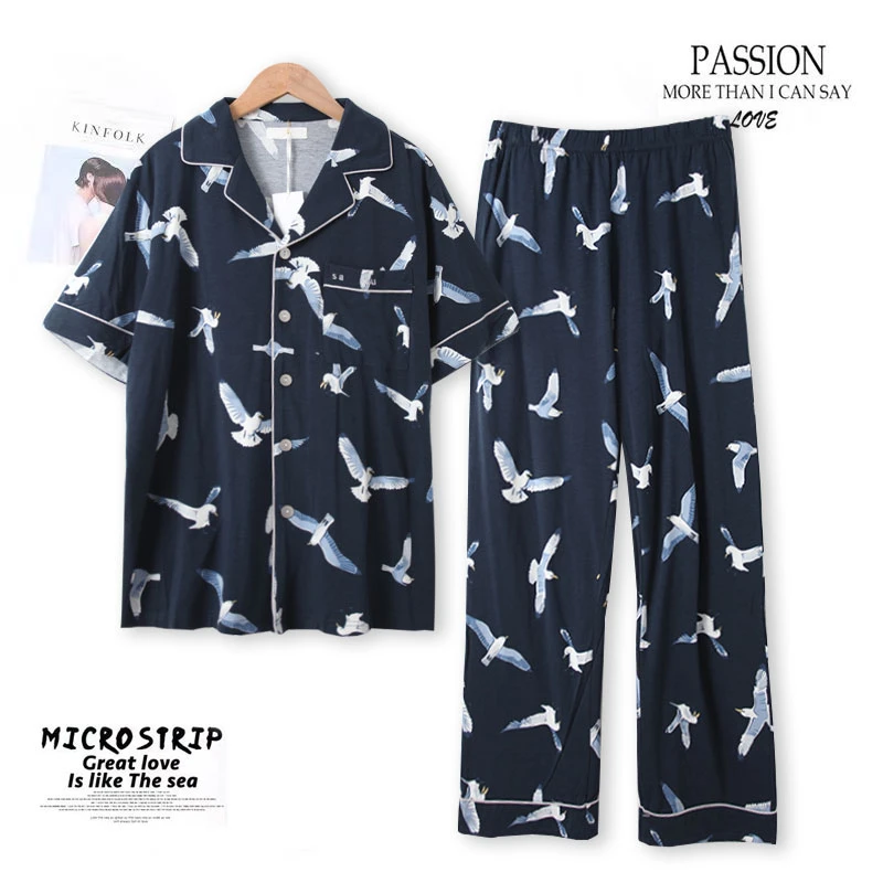 春季新款男士印花家居服套装短袖长裤松紧腰00395宽松简约舒适