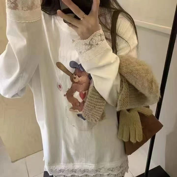 【 雨•美 推荐 】77886韩版百搭卡通蕾丝T上衣