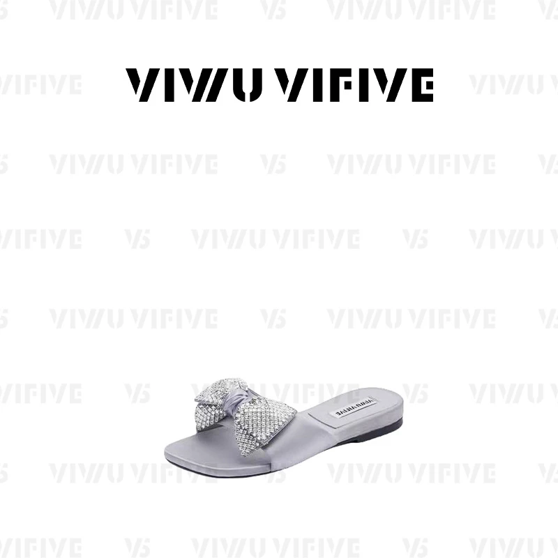 V5「蝉柔」2025新款爆款桑蚕丝蝴蝶结水钻露趾明星同款外穿拖鞋女