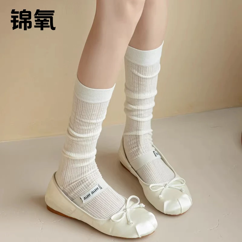 芭蕾风白色袜子女夏季薄款棉袜堆堆袜miu系小腿袜玛丽珍镂空长袜