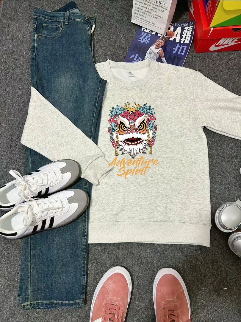 男卫衣秋冬新款国潮醒狮印花轻奢痞帅圆领套头宽松休闲加绒卫衣男