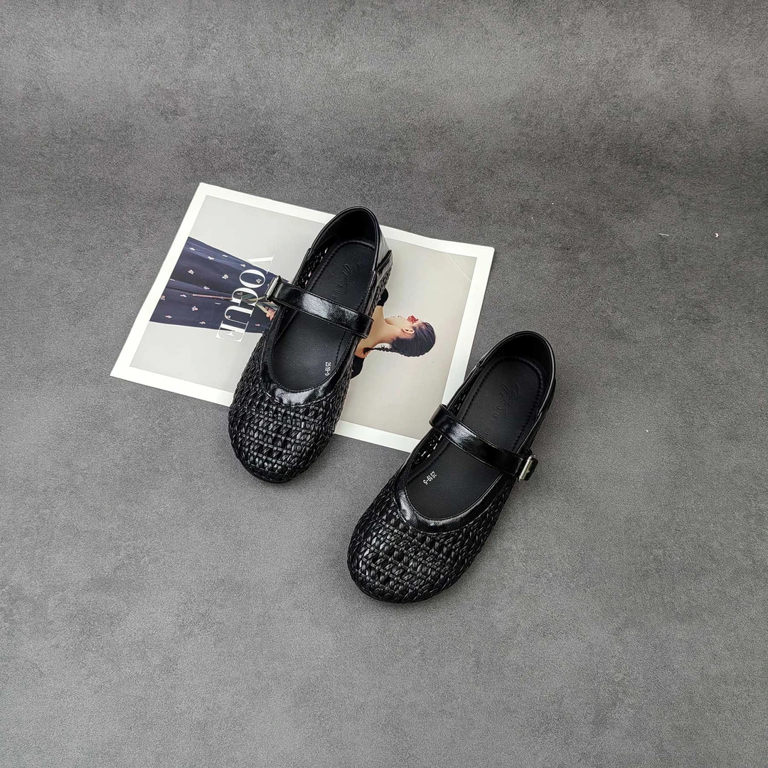 2025春新款小众圆头时尚浅口平底玛丽珍镂空编织女单鞋-2519-5