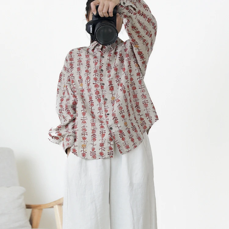 尘染休闲印花衬衫2025新款爆款女百搭宽松雨露麻长袖初春独特上衣