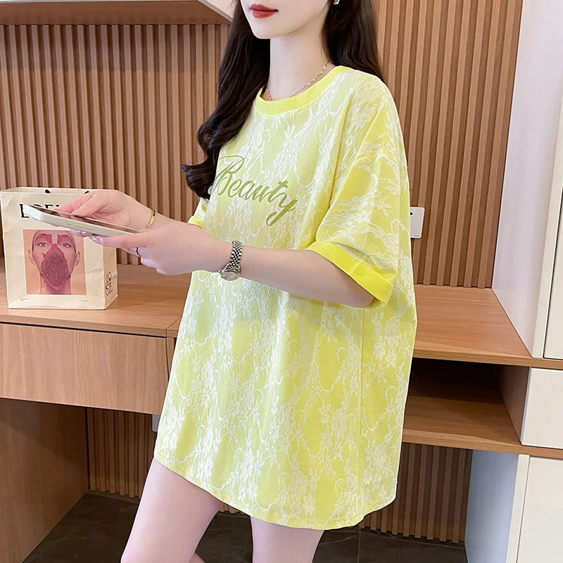 纯棉洋气蕾丝拼接短袖t恤女夏装宽松设计感撞色孕妇遮肚上衣女t潮