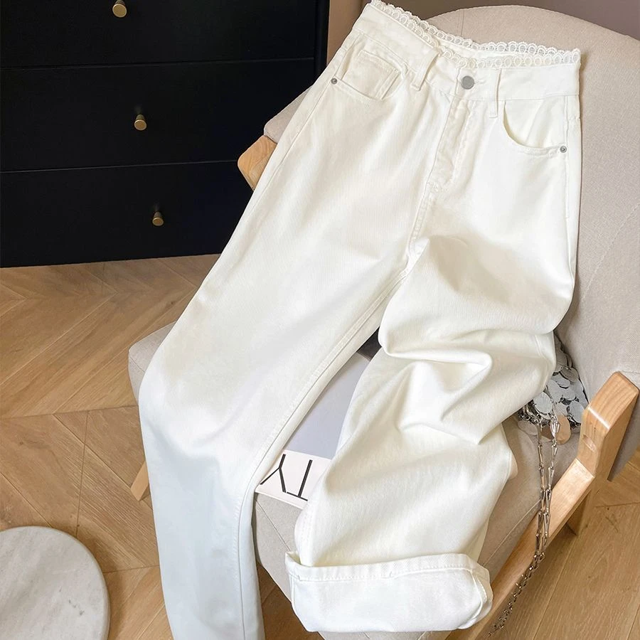 秋季百搭白色蕾丝边高腰窄版阔腿2025新款高腰洋气直筒牛仔裤宽松
