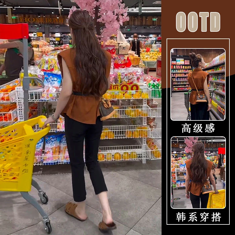 2025夏季新款极简风休闲法式时尚套装纯色收腰无袖上衣修身长裤女