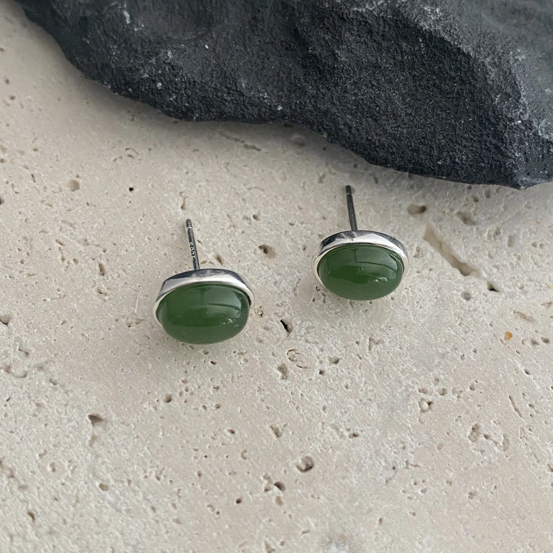 简约椭圆和田碧玉耳钉 C8341 百搭气质绿色