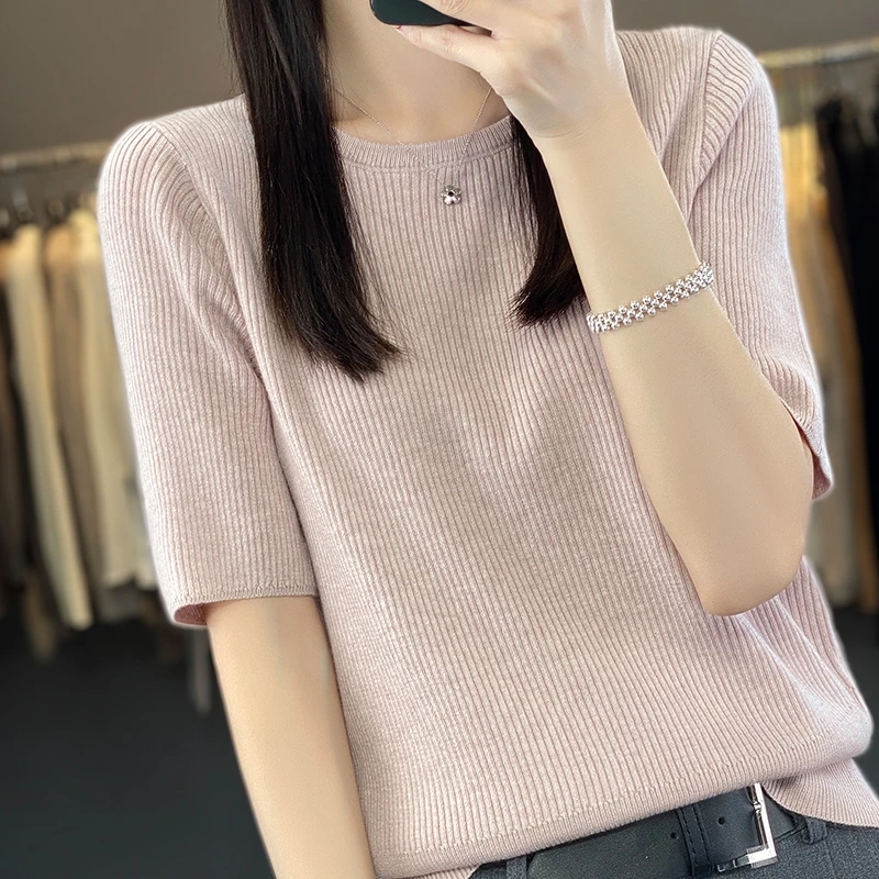 夏季圆领针织短袖T恤气质百搭显瘦针织半袖简约薄款纯色针织圆领