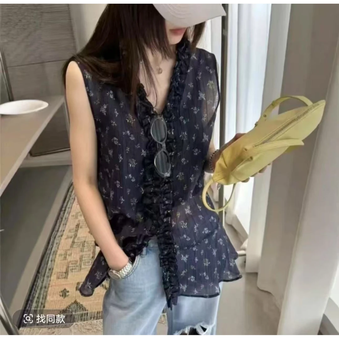 【花边碎花2】韩系夏季新款欧货小碎花木耳边V领无袖衬衫上衣
