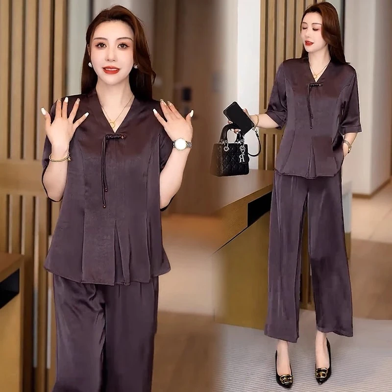 冰丝时尚套装女夏季新款洋气质显瘦V领盘扣短袖上衣阔腿裤两件套