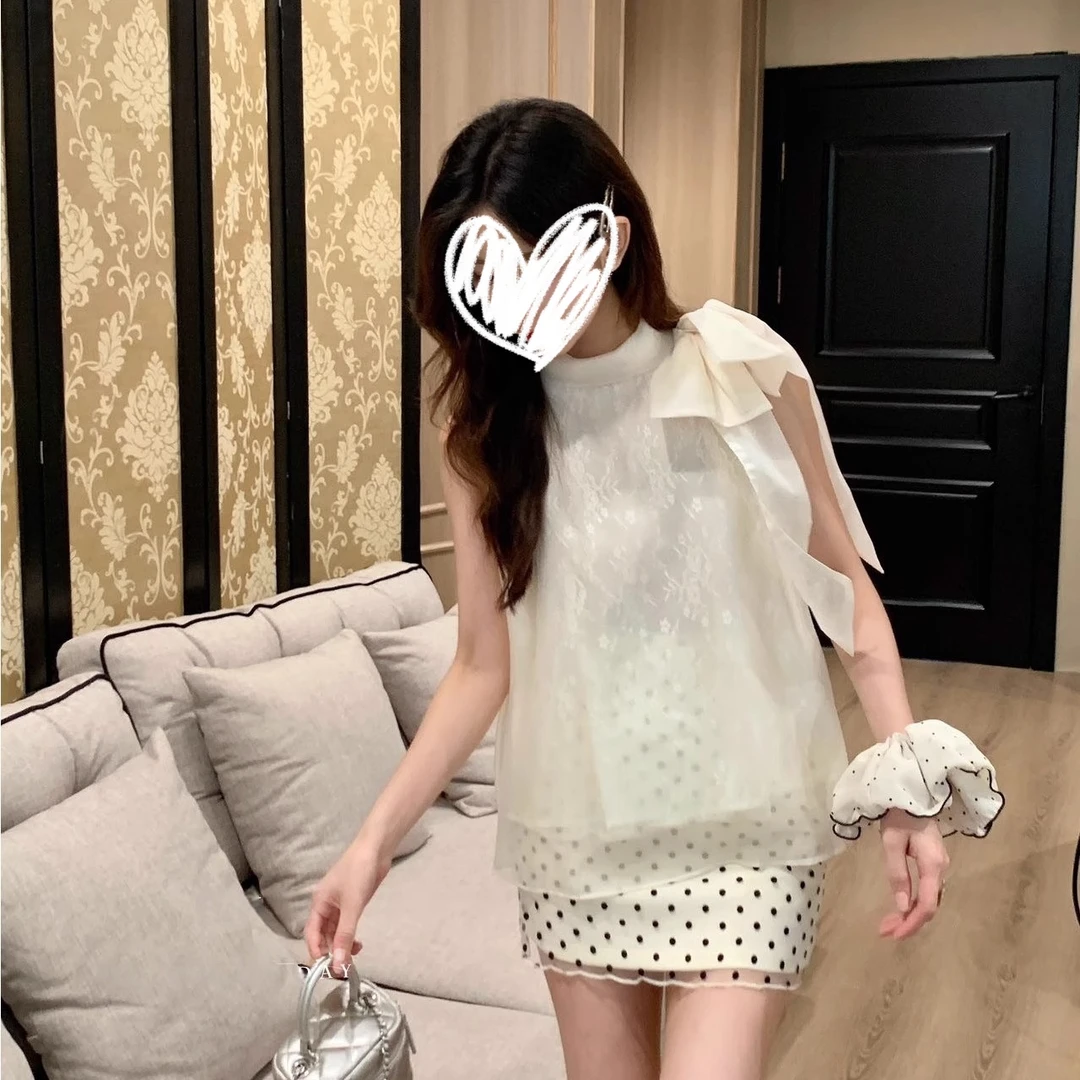 固质法式网纱缎面吊带背心女装夏季新款时尚洋气小衫无袖挂脖上衣