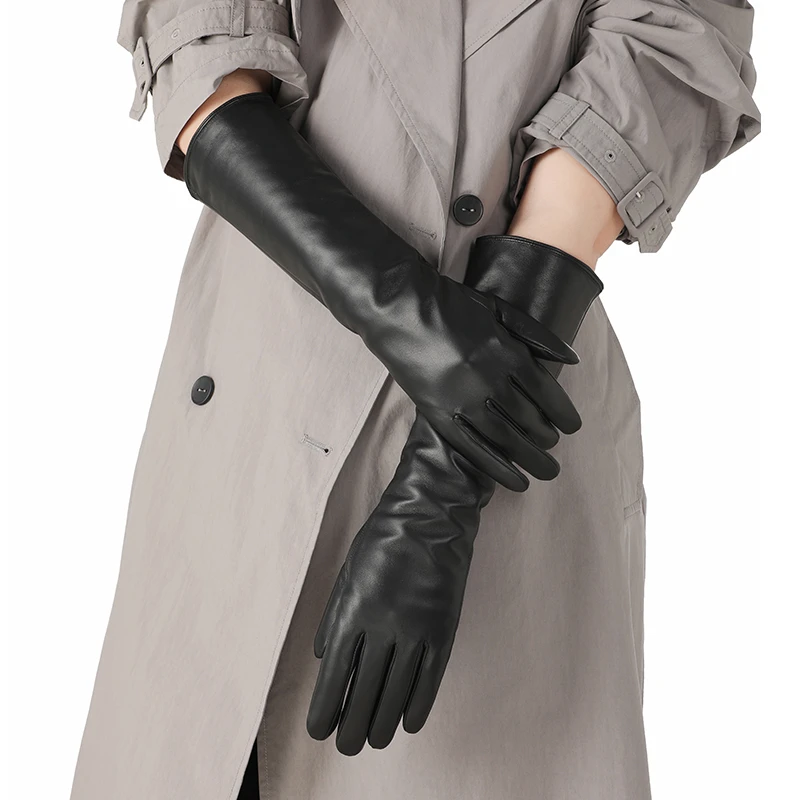 小羊皮手套女长款真皮加绒防风时尚通勤开车保暖触屏加长袖套手套