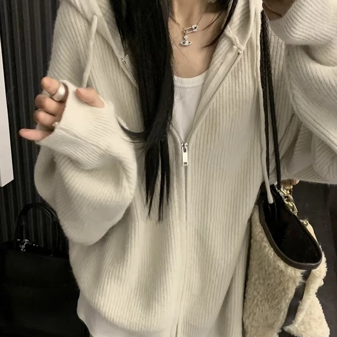 韩系连帽拉链毛衣秋冬2025新款内搭慵懒高级感针织卫衣外套