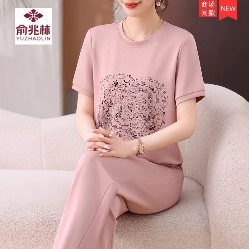 重磅国风棉休闲时尚套装女2025夏季绣花圆领短袖妈妈两件套运动服