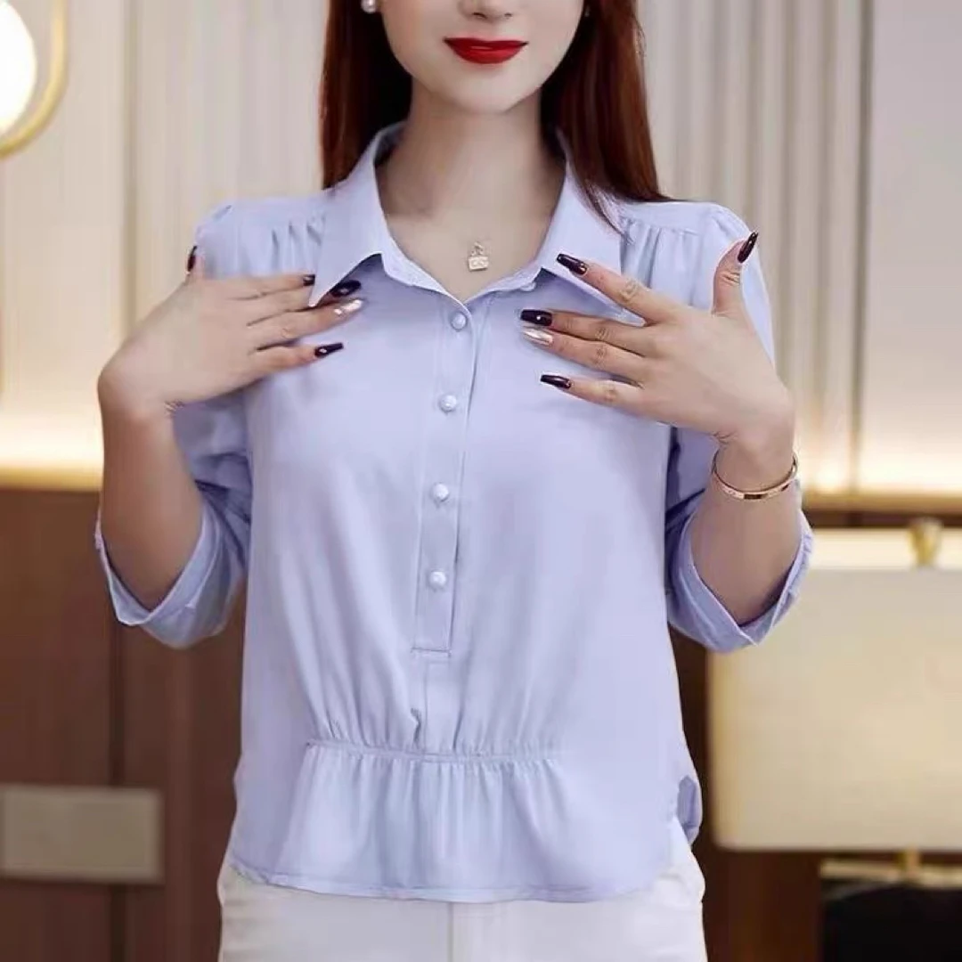 【爆款衬衫推荐】七分袖妈妈收腰衬衫女新款时尚宽松显瘦套头上衣