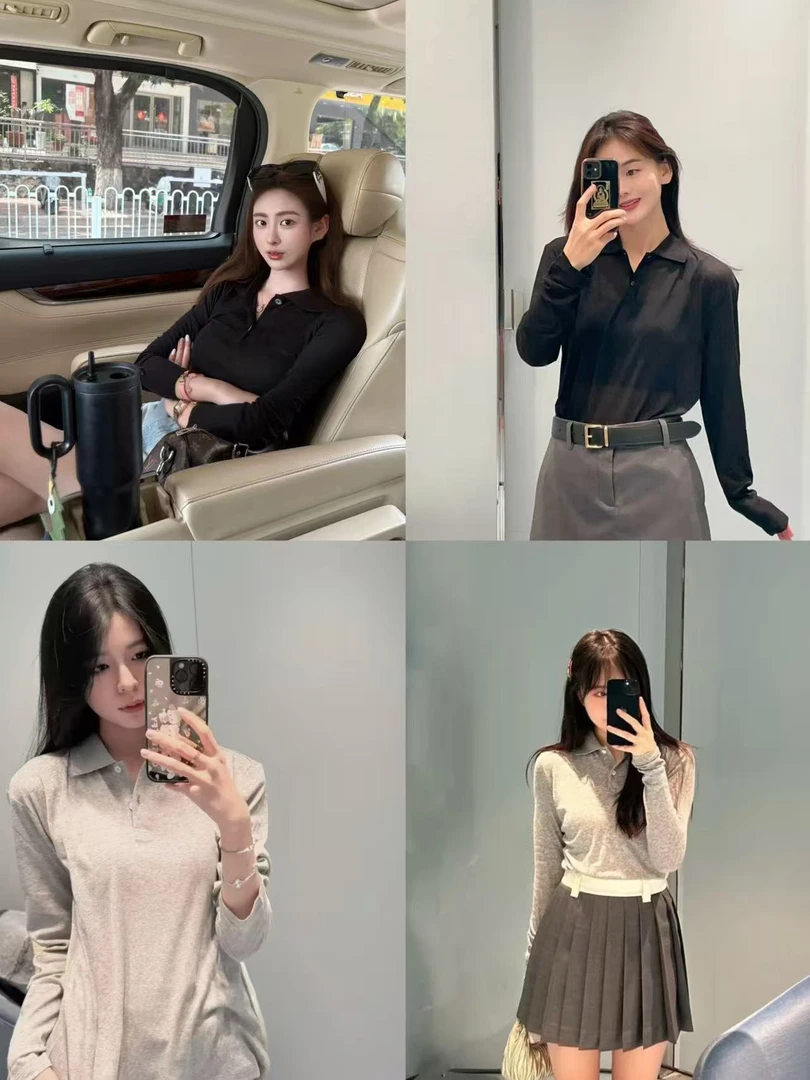 JI简主义 POLO领贴布绣超细棉轻薄百搭长袖T恤【不同棉感】80073