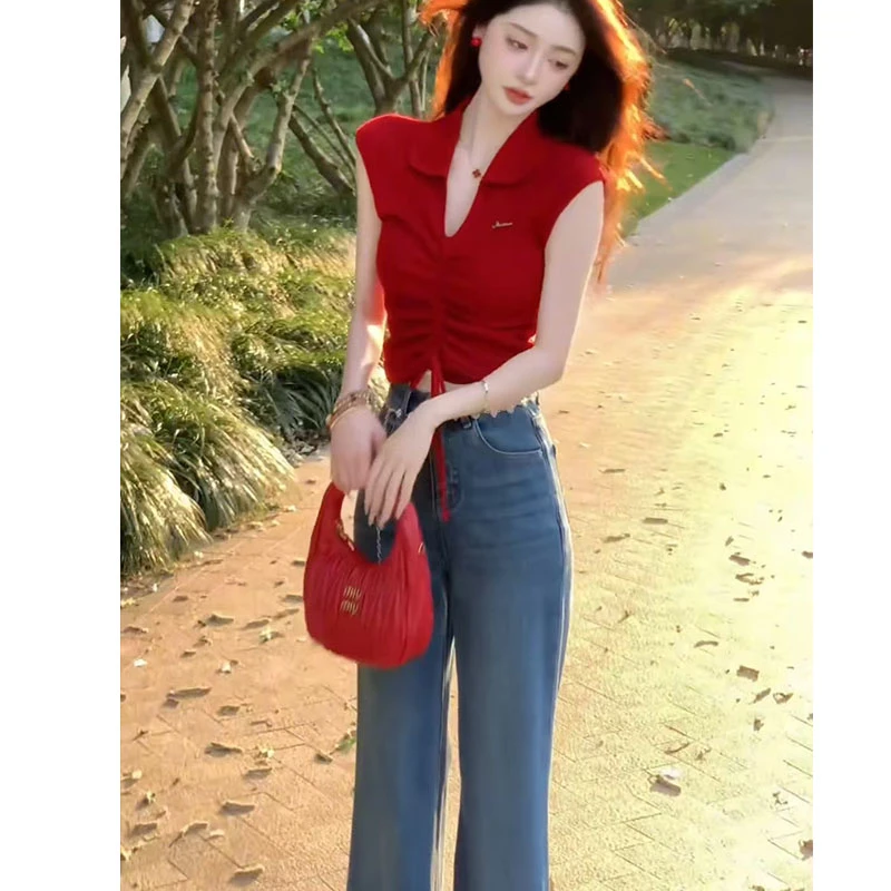 2025夏季穿搭一整套新款韩版洋气时尚独特上衣高腰显瘦裤子两件套