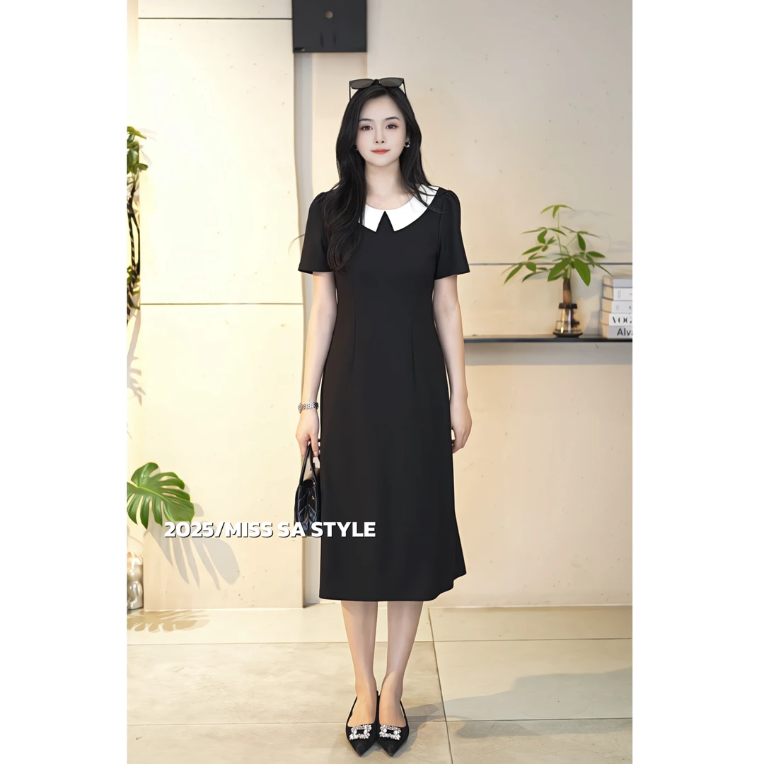 MISS SA 法式赫本风经典收腰显瘦气质撞色连衣裙 25079026