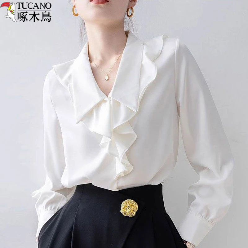 法式雪纺长袖衬衫新款减龄内搭宽松白衬衫女款外穿衬衣