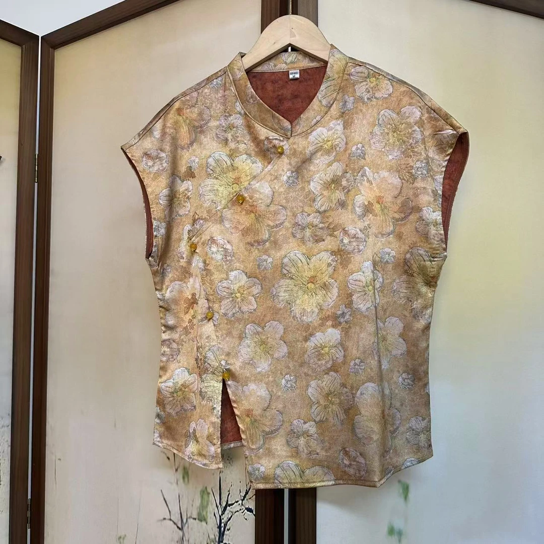 浅橘黄色花朵印花斜襟立领小衫-5