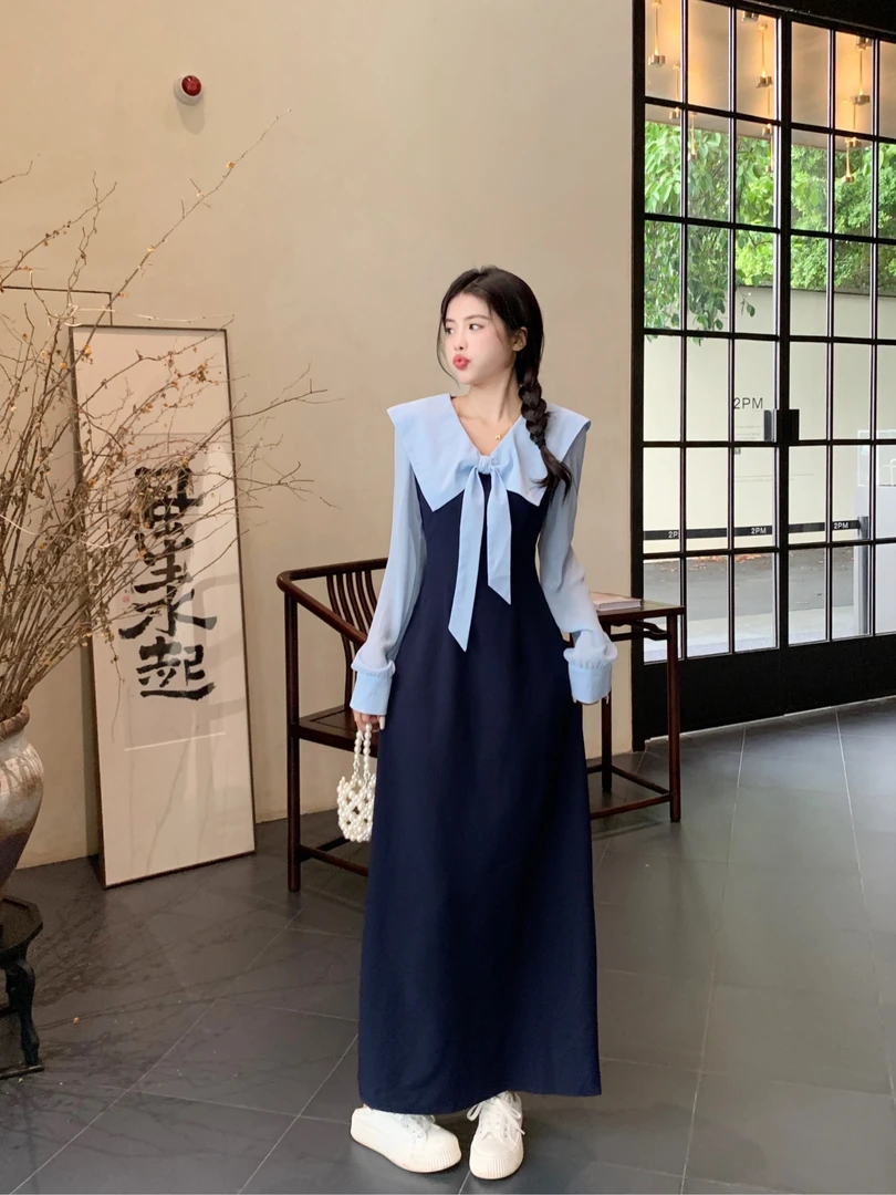 大码女装法式早秋显瘦气质假两件长款连衣裙微胖MM连衣裙穿搭拼接