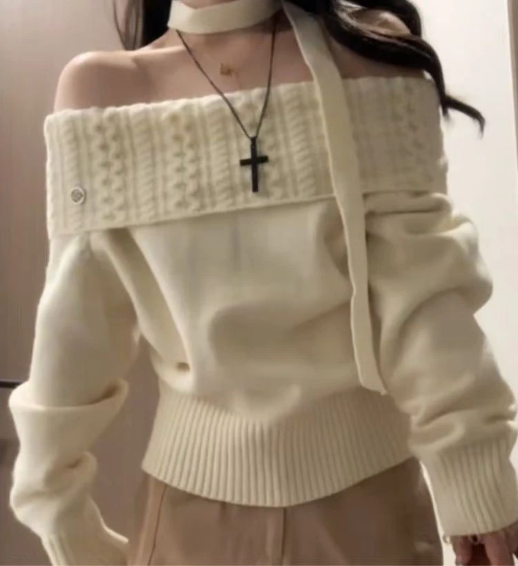 早秋韩系长袖t恤女2025新款爆款设计感白色毛衣针织衫一字肩上衣