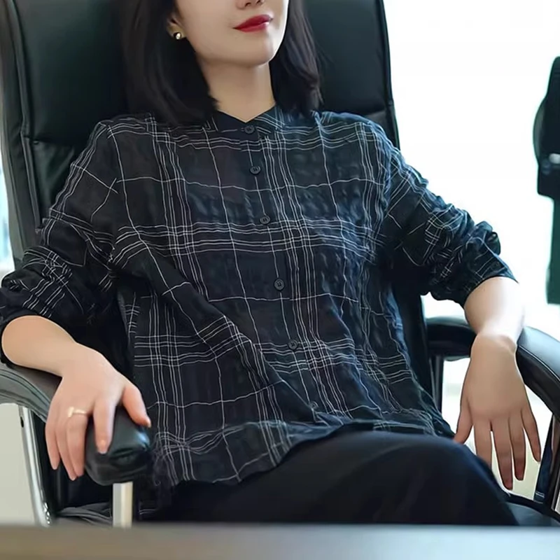 法式复古格纹衬衫女2025早秋新款长袖宽松大码显瘦设计感气质上衣