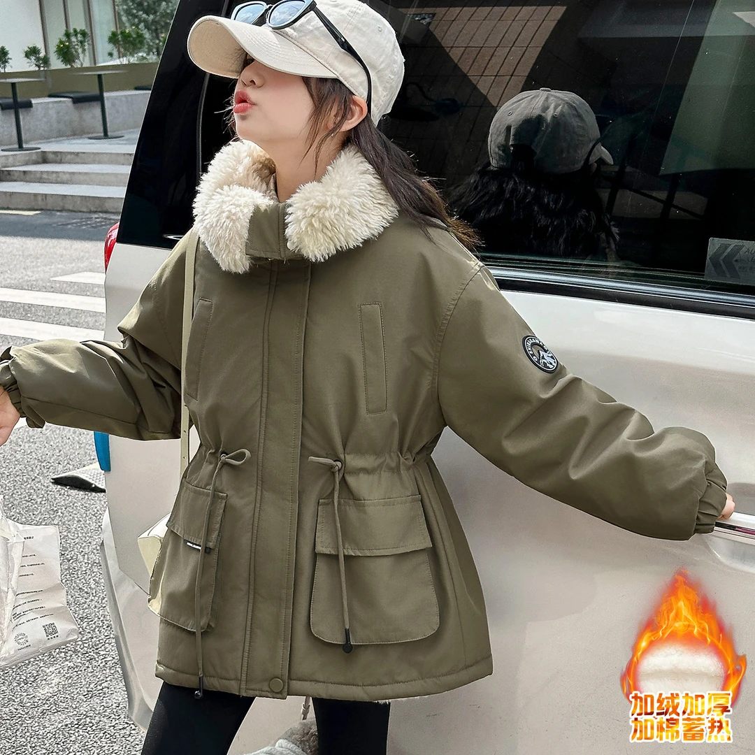 女童加绒派克服2025冬季爆款儿童加厚洋气中长款棉衣防风工装外套