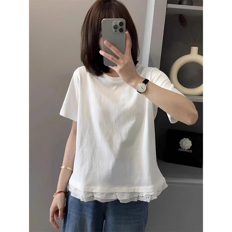 白色蕾丝花边拼接短袖t恤女2025夏季新款大码胖妹妹宽松显瘦上衣