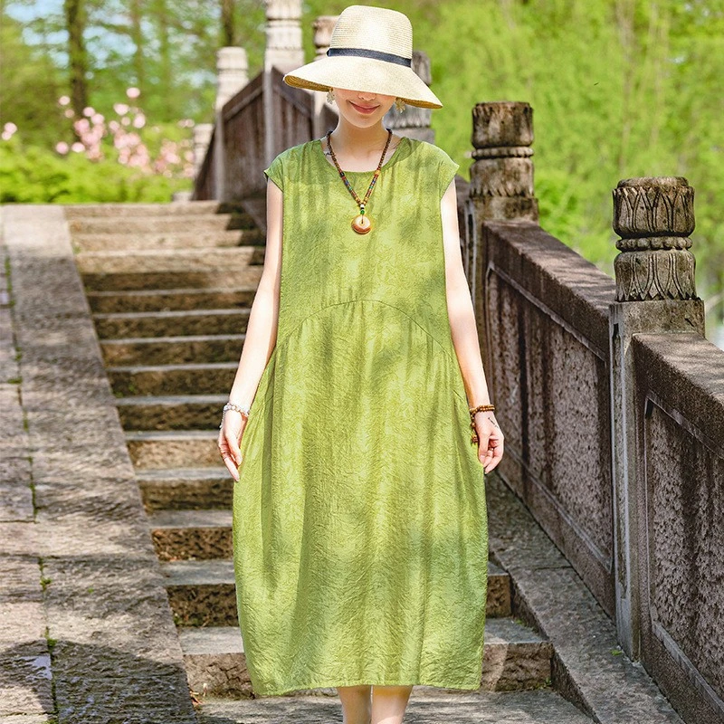 中年洋气妈妈装夏季2025新款色文艺天丝提花连衣裙休闲宽松大码