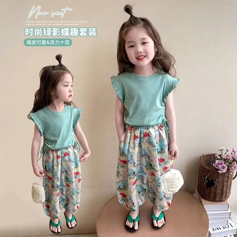 小飞袖抽绳独特洋气时髦女潮牌童装2025年款衣服儿童女童夏装套装