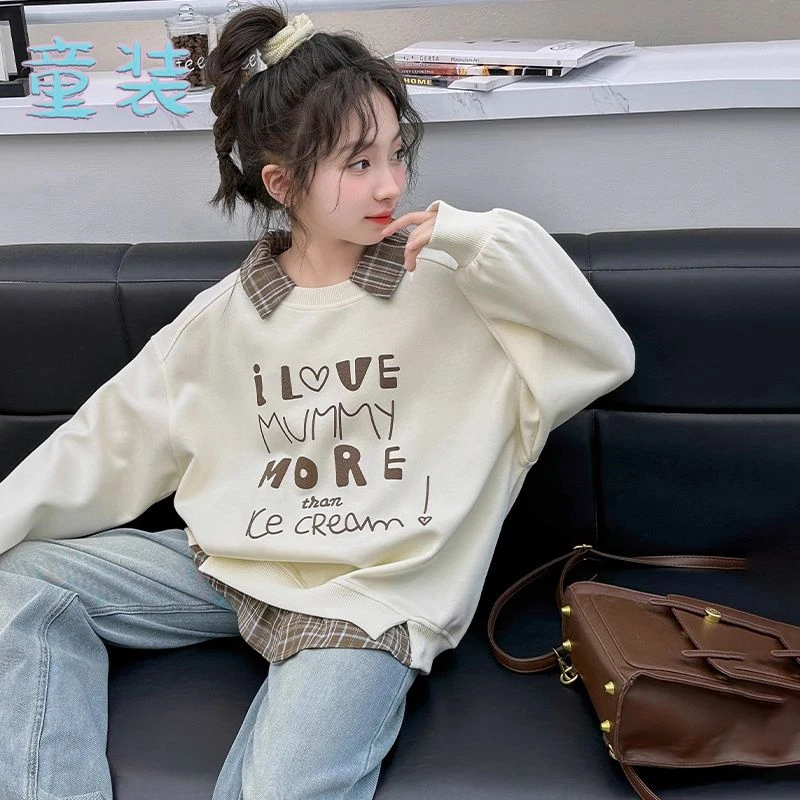 女童卫衣春秋款2025新款洋气儿童大童POLO衫格子假两件秋装打底衫