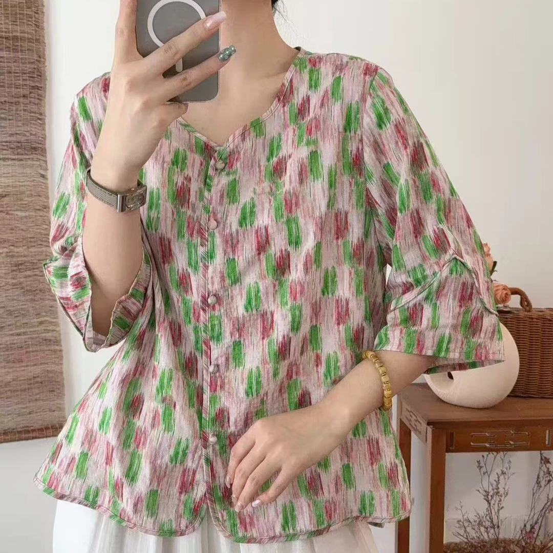 11015新款夏季优雅碎花减龄宽松文艺女衬衫QZ