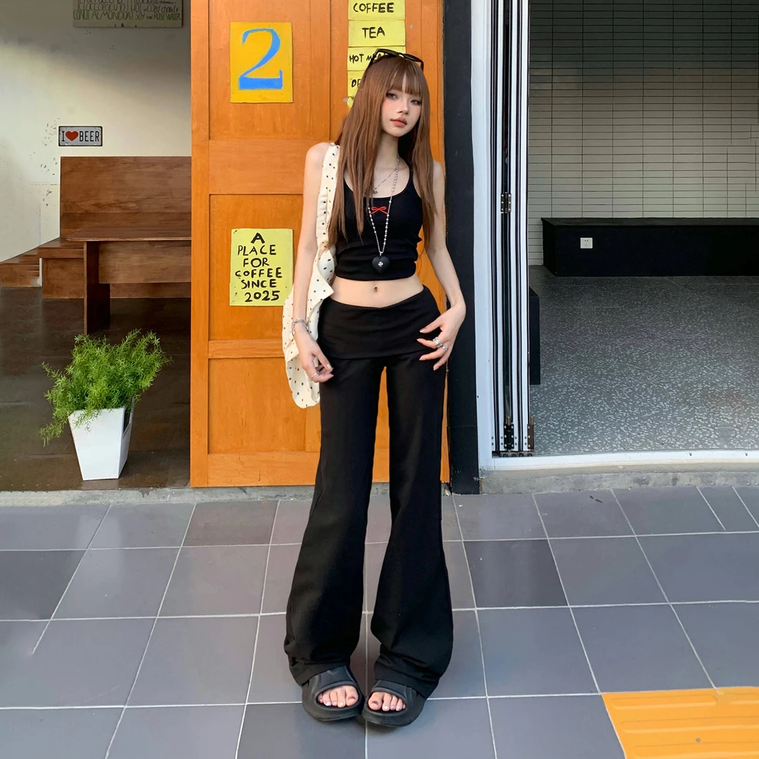 早秋新款&美式辣妹低腰翻边腰喇叭裤修身显瘦瑜伽裤百搭弹力休闲